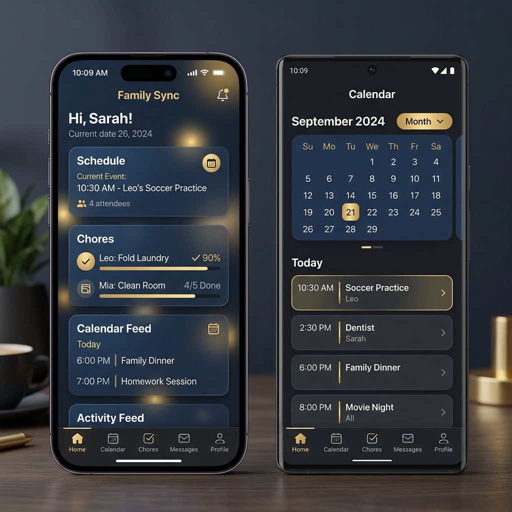 Dark mobile app interface mockup for iOS and Android