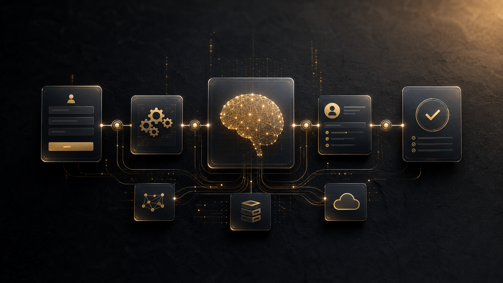 Dark automation workflow mockup with gold connected panels