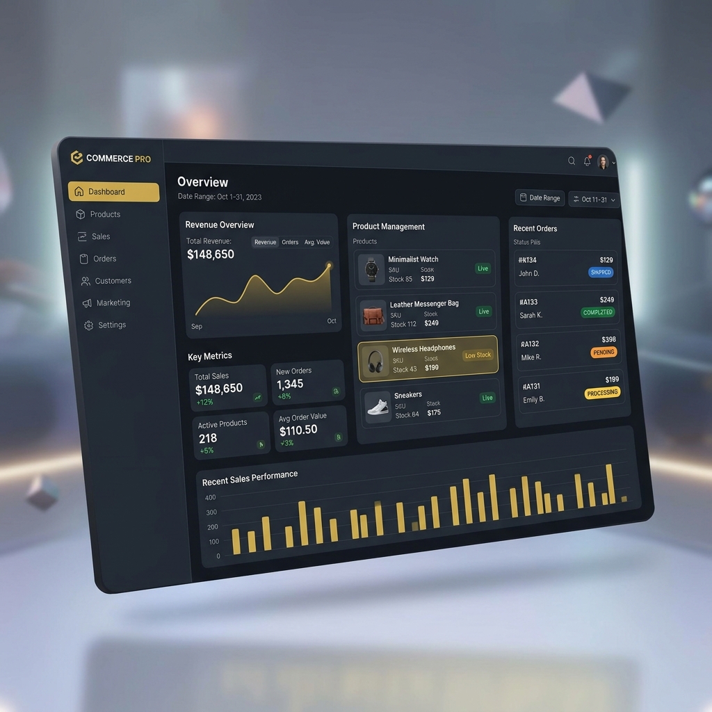 Dark e-commerce dashboard and product sales portal mockup