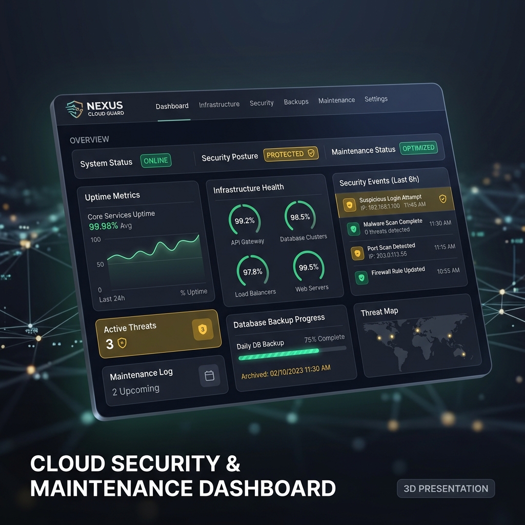 Dark cloud maintenance and security dashboard mockup