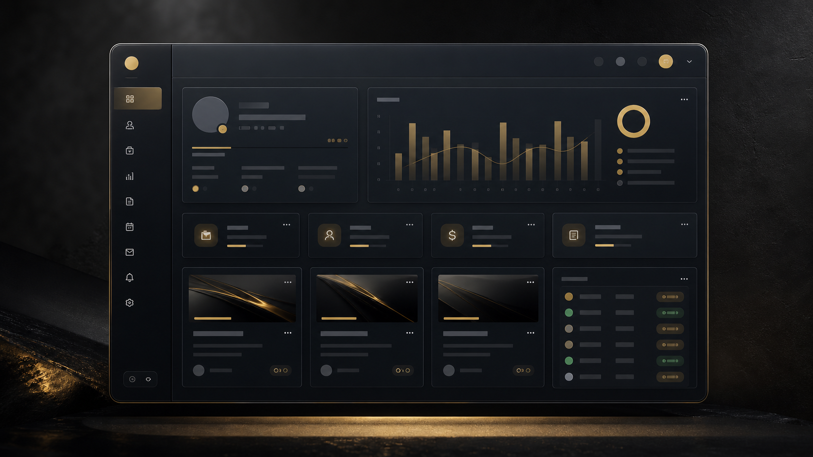 Dark client portal dashboard mockup with gold accents