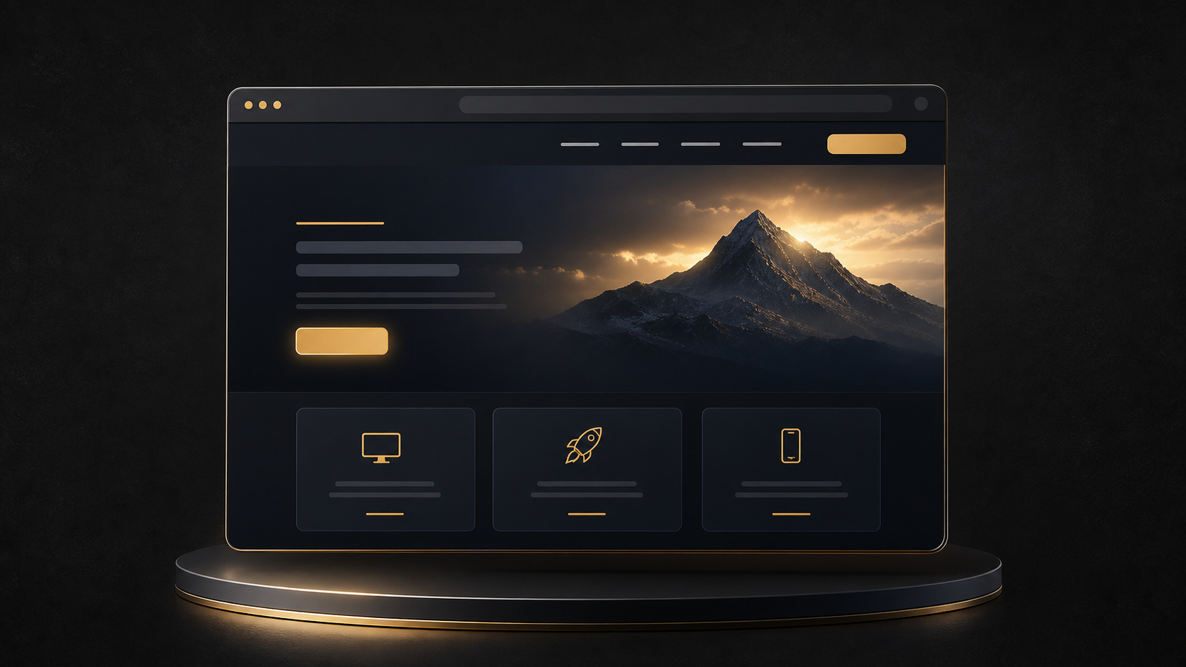 Dark premium website mockup with gold accents