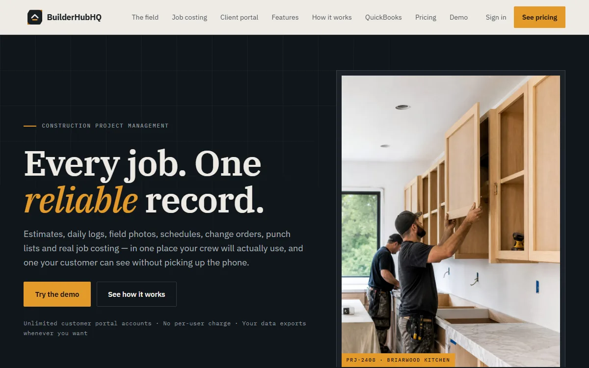 The BuilderHubHQ website, construction project management software