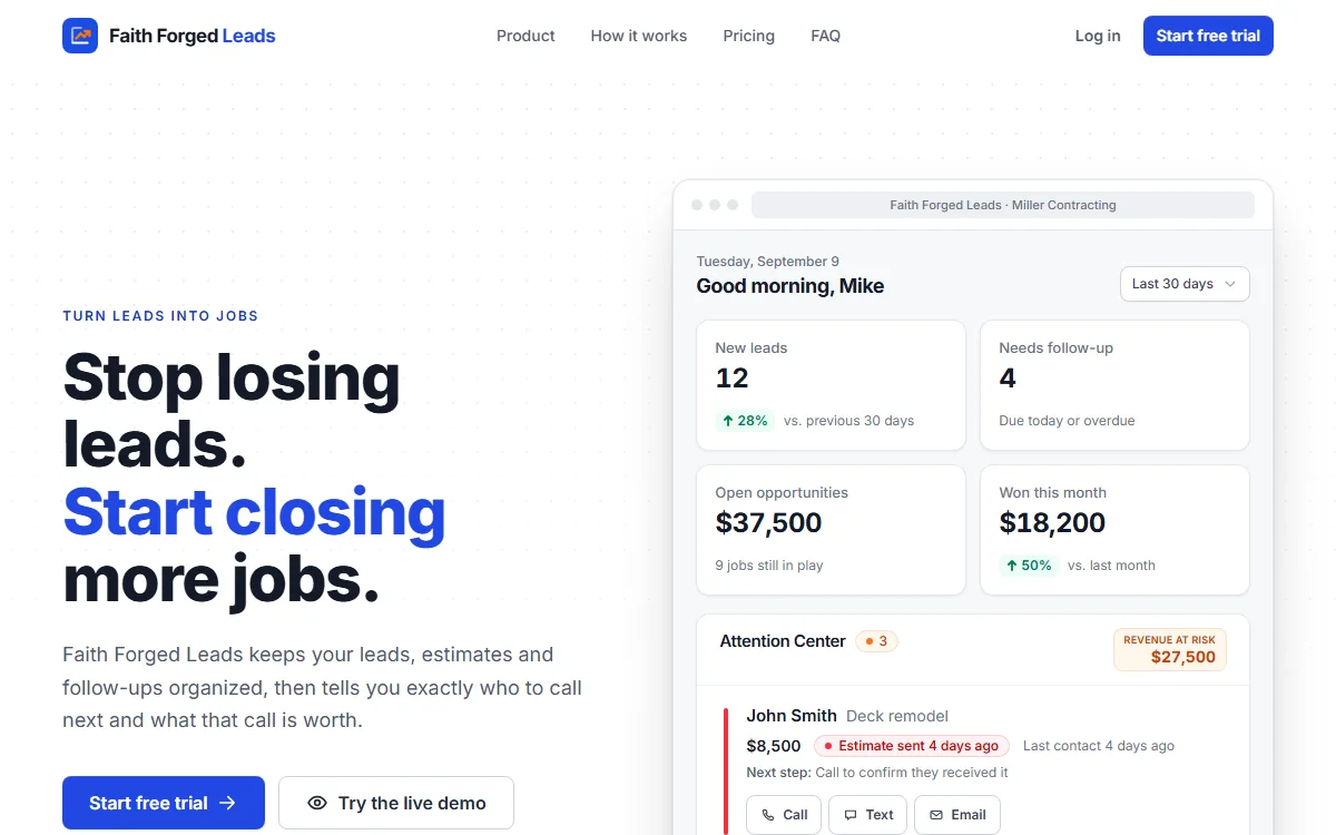 The Faith Forged Leads website, lead tracking software