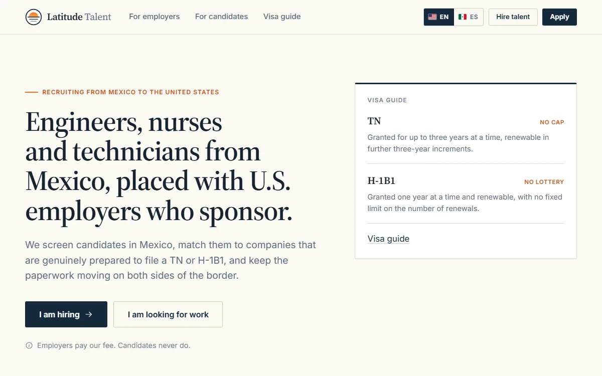 The Latitude Talent website, a cross-border recruiting firm