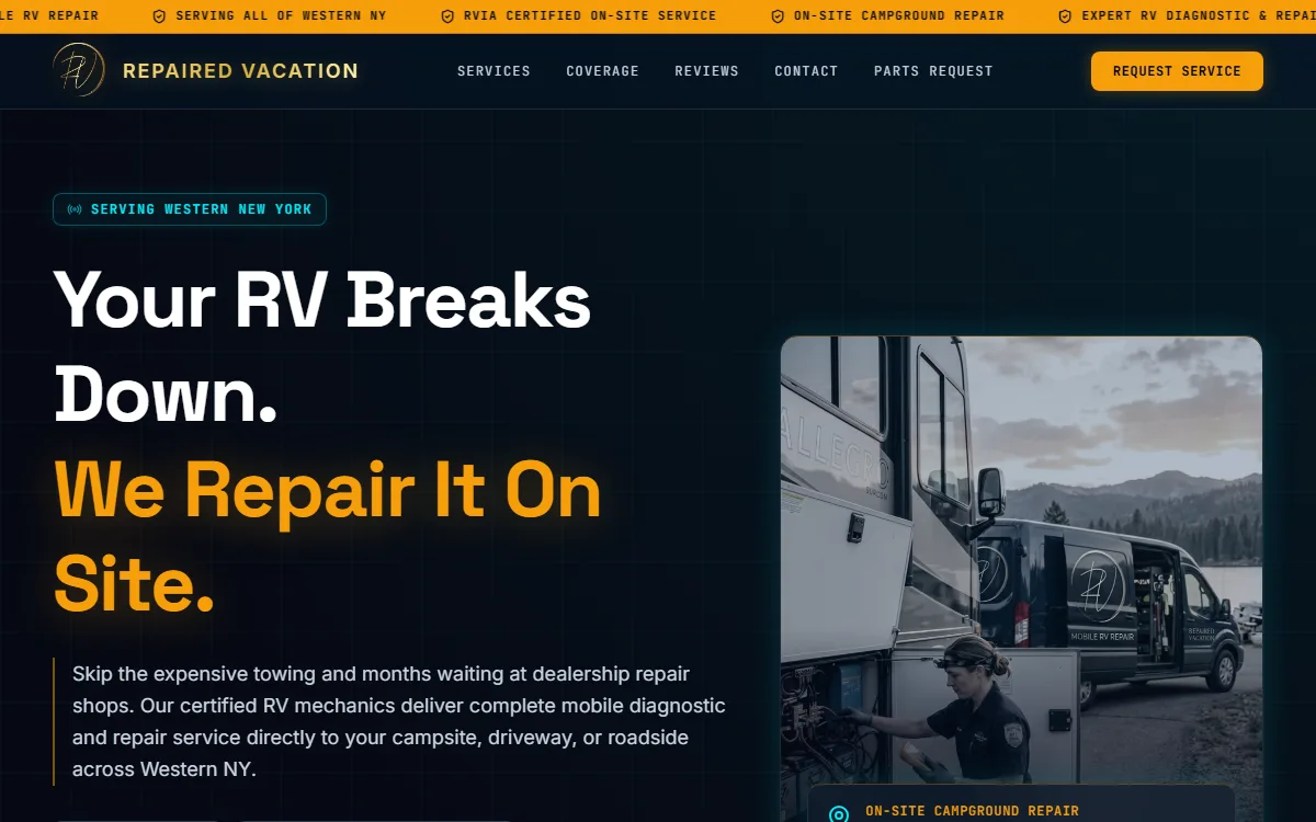 The Repaired Vacation website, a mobile RV repair company in Western New York