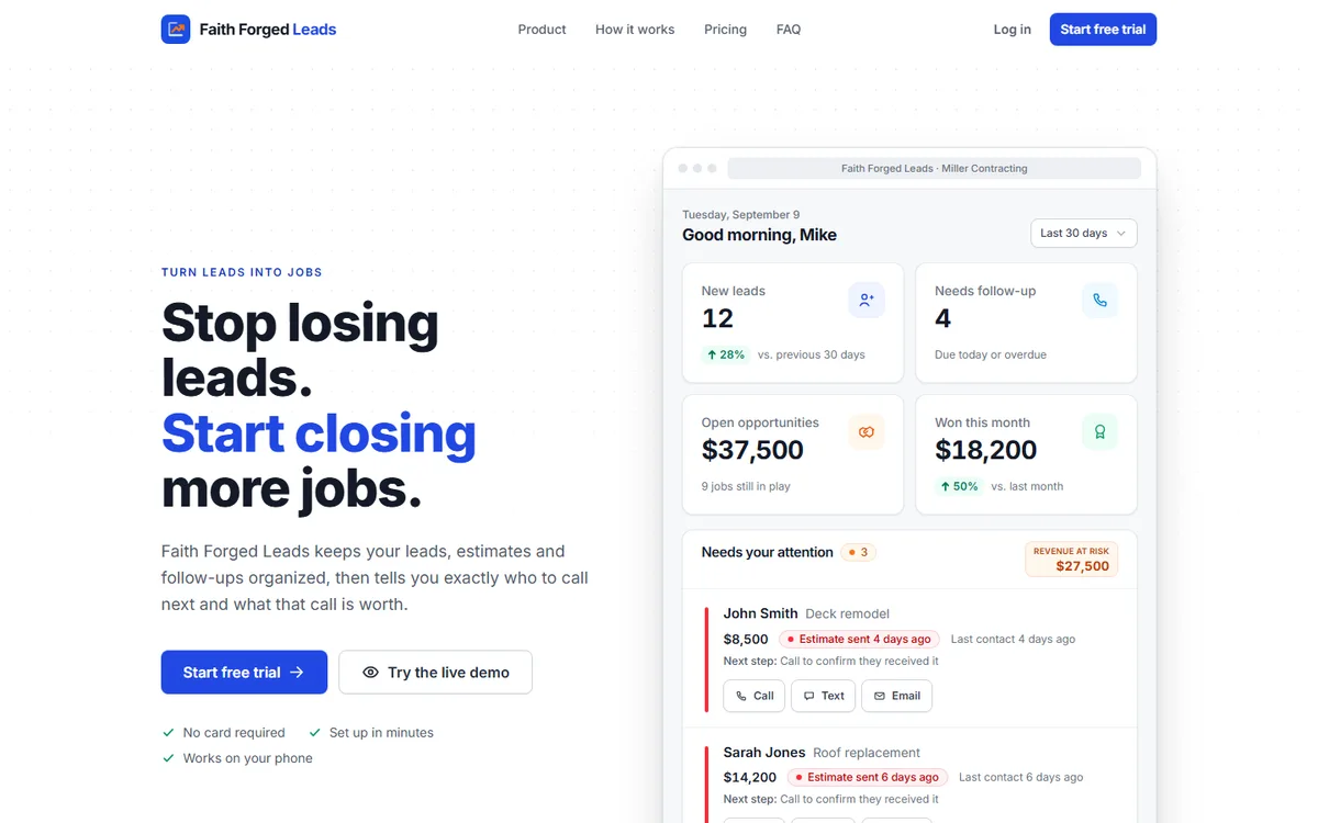 The Faith Forged Leads dashboard: new leads, follow-ups due, open opportunities and revenue at risk.